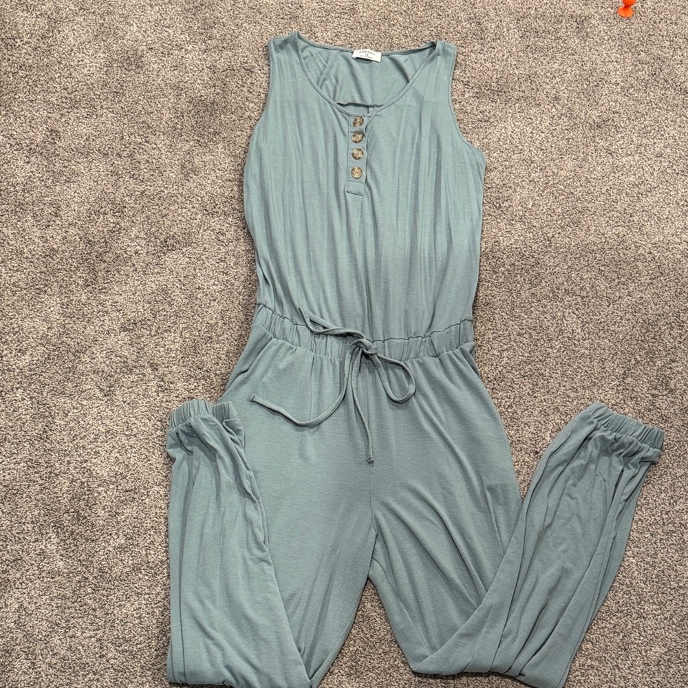 Sleeveless Sage Green Drawstring Jumpsuit with Button Placket